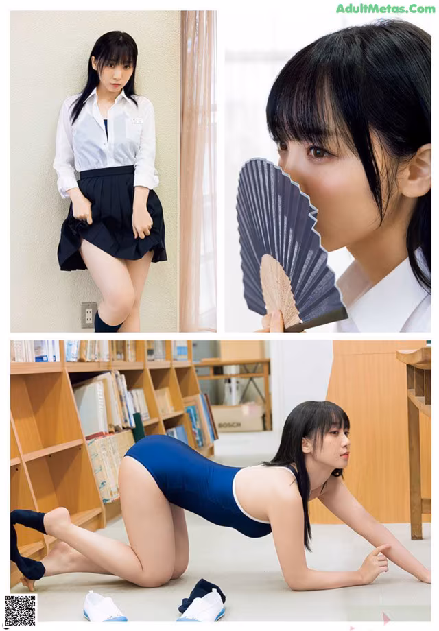 A woman in a school uniform is posing for a picture.