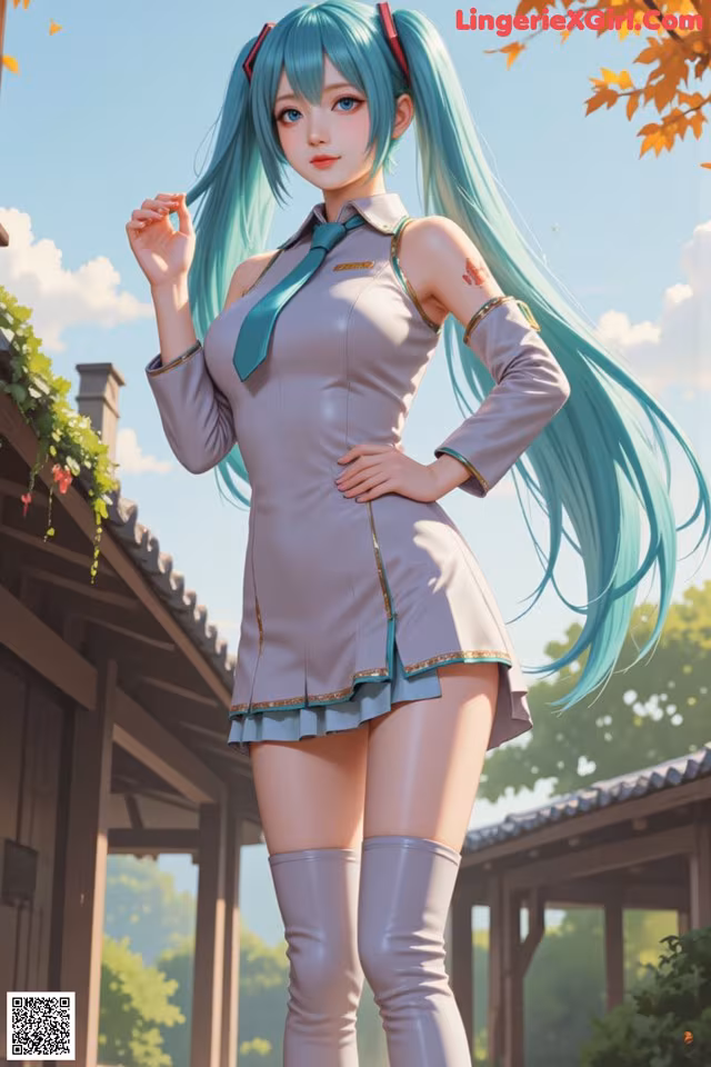 A woman with long blue hair standing in front of a building.