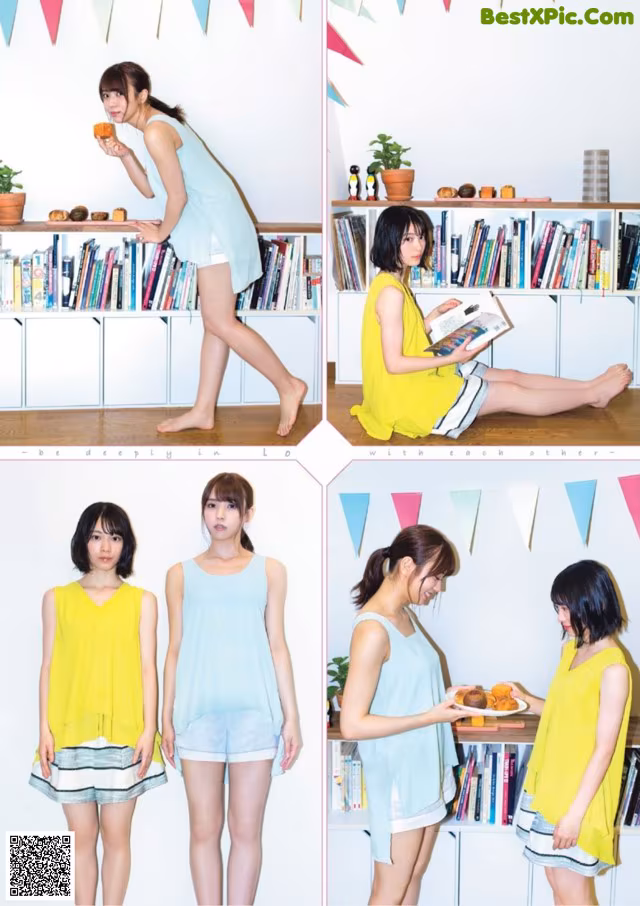 A collage of photos of a woman in a yellow top and blue shorts.