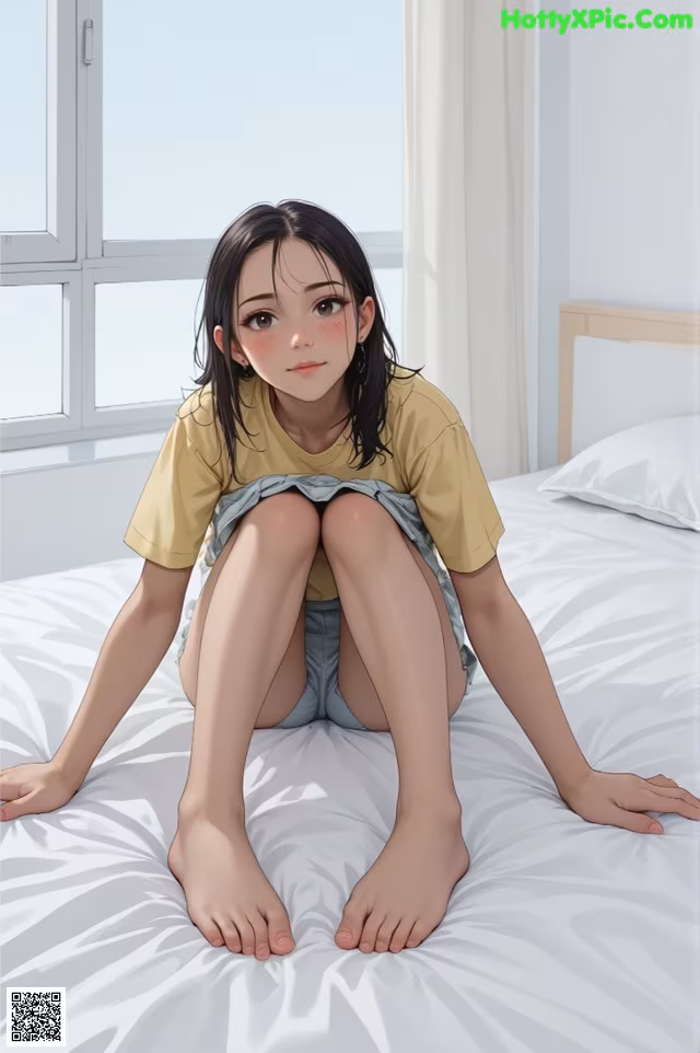 A girl sitting on a bed with her legs crossed.