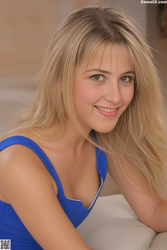 A woman in a blue dress sitting on a couch.