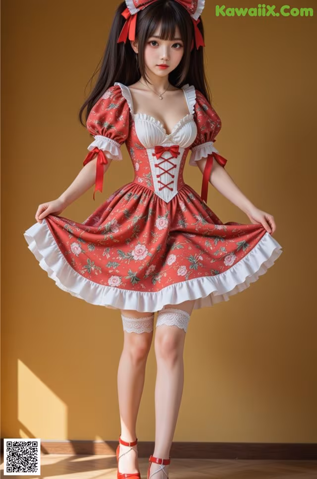 a woman in a red and white dress posing for a picture