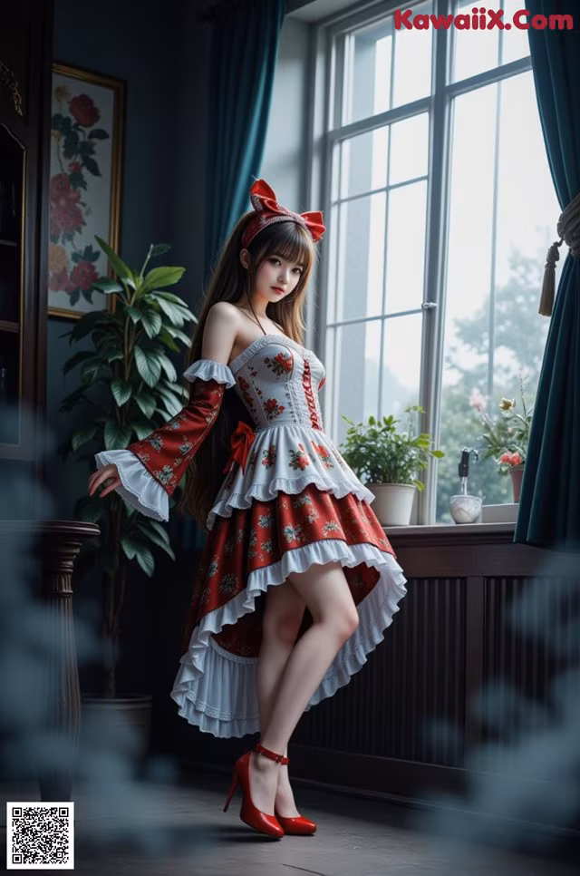 A woman in a red and white dress standing in front of a window.