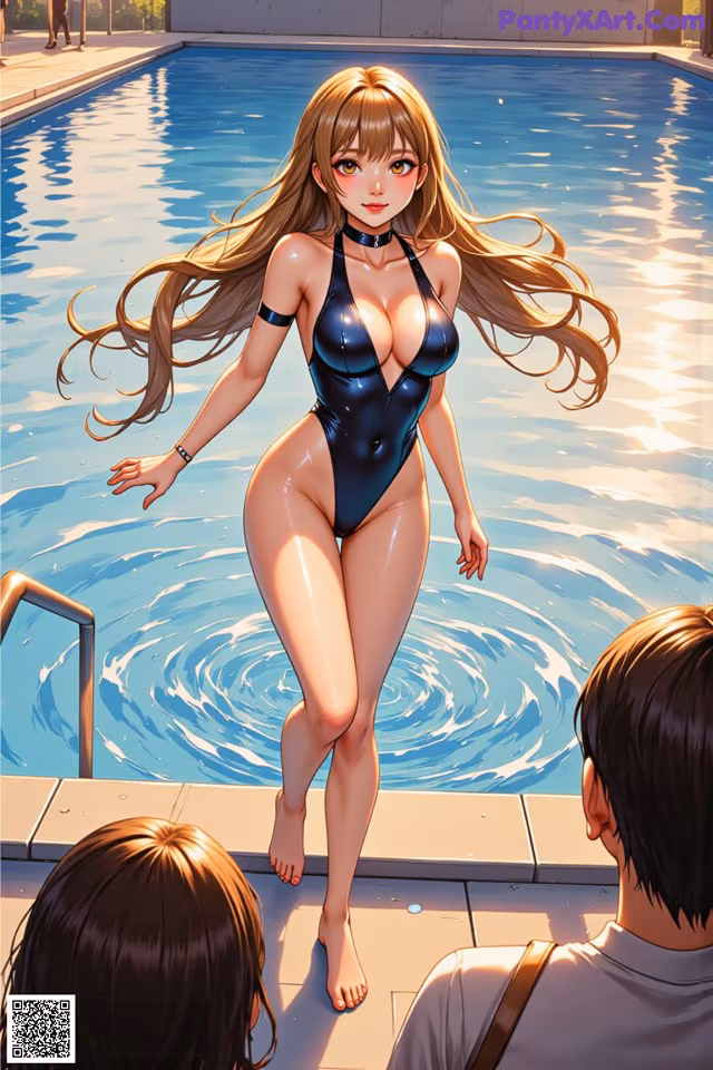 A woman in a bathing suit standing next to a swimming pool.