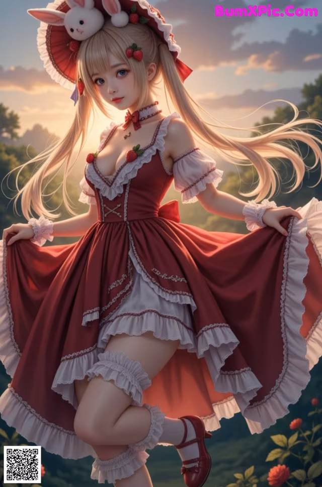 A girl in a red dress with a bunny hat on her head.