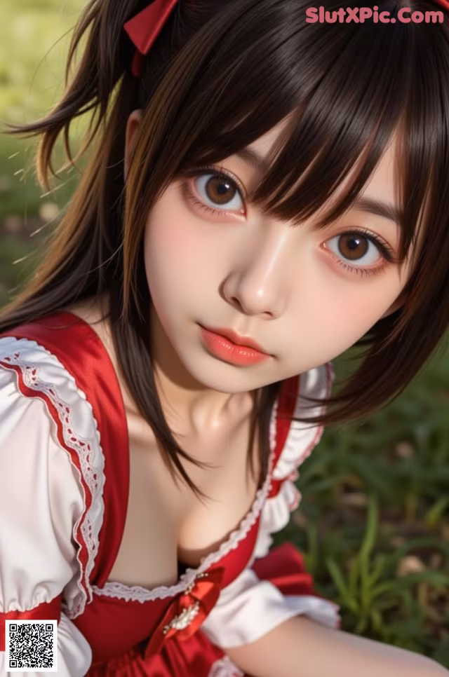 A woman in a red and white dress sitting in the grass.