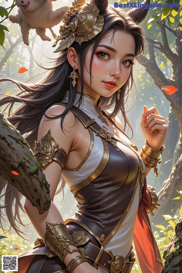 A woman in a costume standing next to a tree.