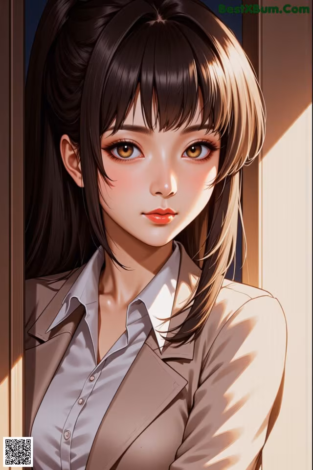 A woman with long brown hair and a white shirt.