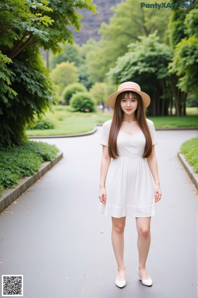 A woman in a white dress and hat standing on a road.