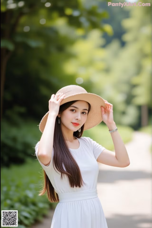 A woman in a white dress and a straw hat.