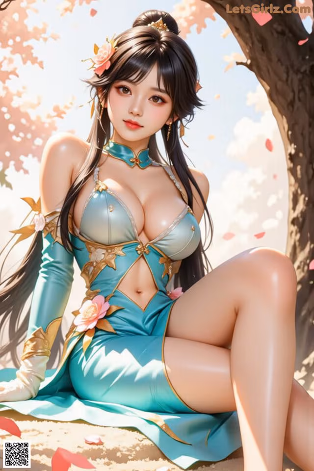 A woman in a blue dress sitting under a tree.