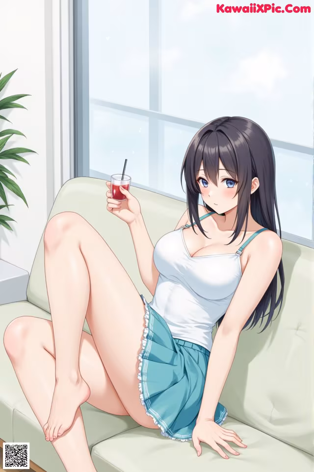 A woman sitting on a couch holding a drink.