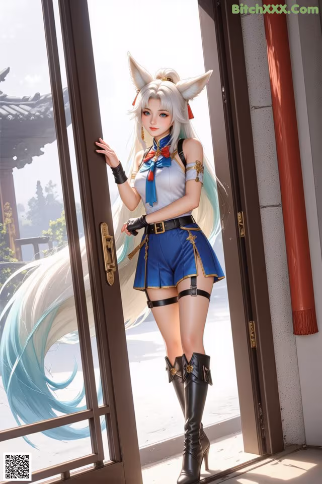 A woman with long white hair standing in front of a door.
