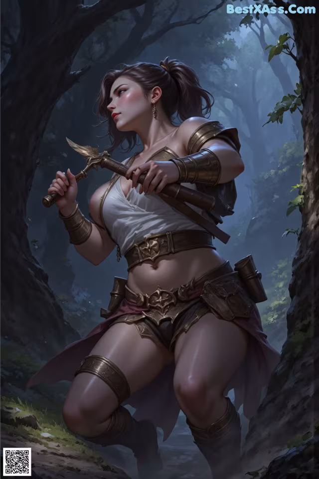 A woman in armor holding a sword in a forest.