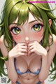 Anime girl with green hair covering her mouth with her hands.