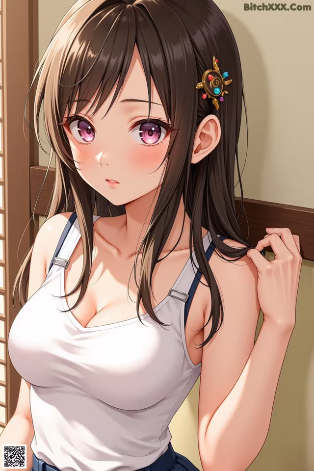A girl with long brown hair wearing a white tank top.