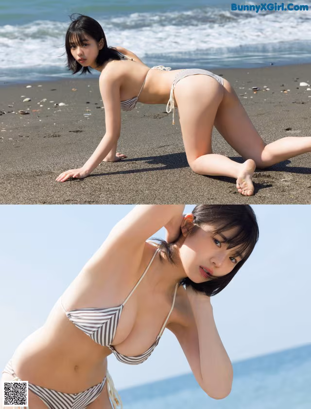 A woman in a bikini laying on the beach.