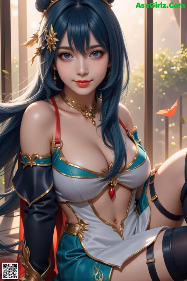 A woman with long blue hair wearing a green and white outfit.