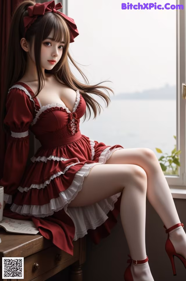 A woman in a red dress sitting on a window sill.