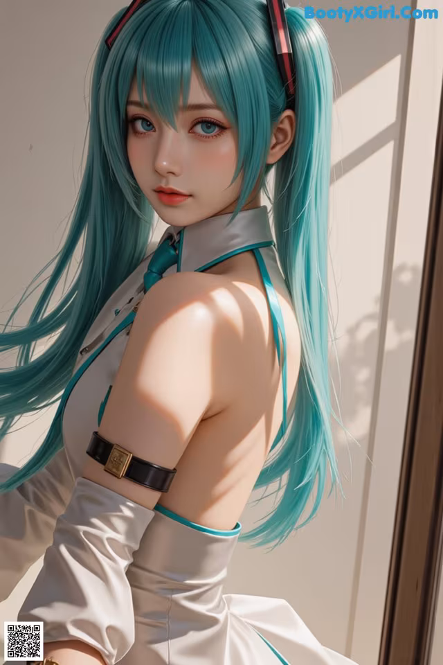 A woman with long green hair wearing a white dress.