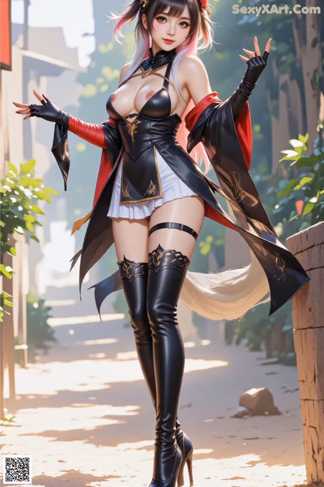 A woman in a black and red outfit with thigh-high boots stands outdoors.