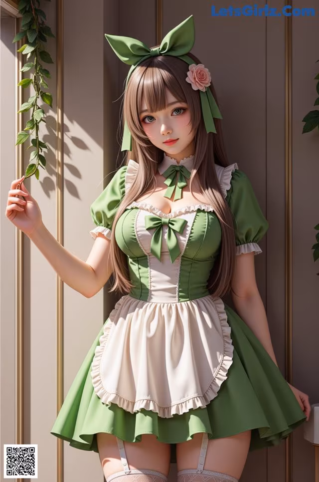 A woman in a green and white dress holding a plant.