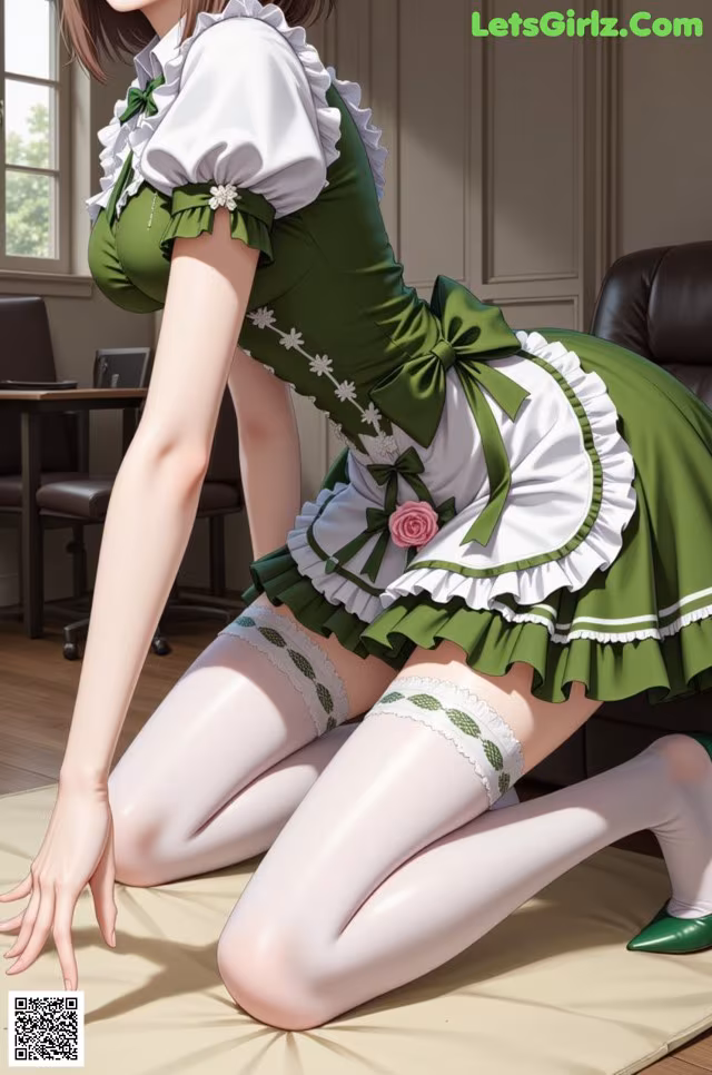 A woman in a green and white dress is kneeling on the floor.