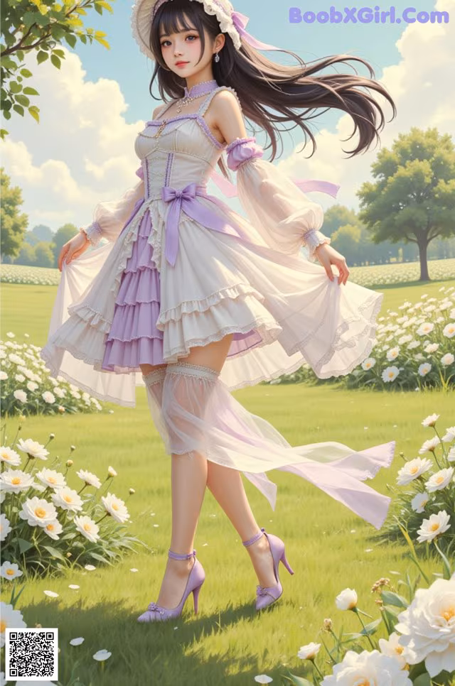 A woman in a dress and hat walking through a field of flowers.