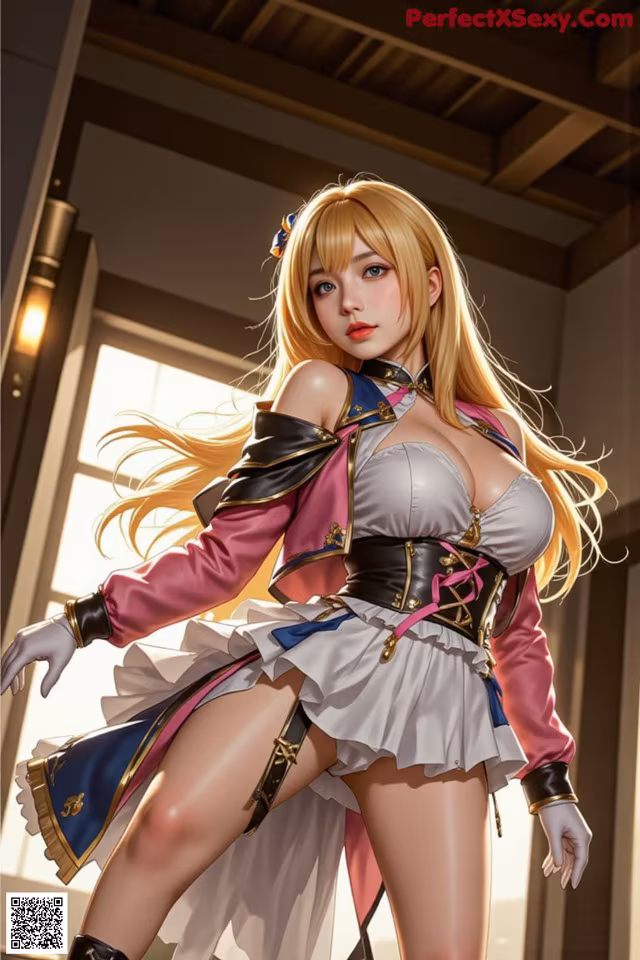 A woman in a pink jacket and white skirt posing for a picture.