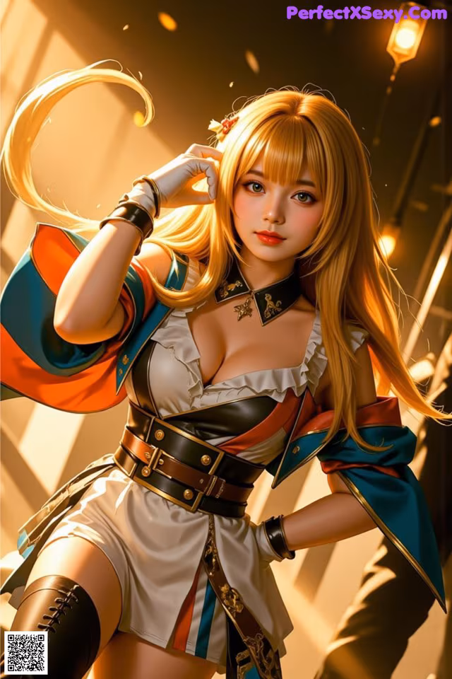 A woman with long blonde hair wearing a costume.