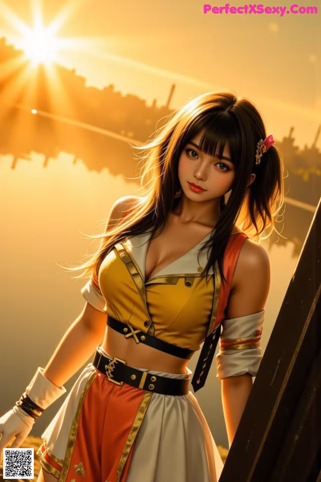 A woman in a yellow and white outfit standing next to a fence.