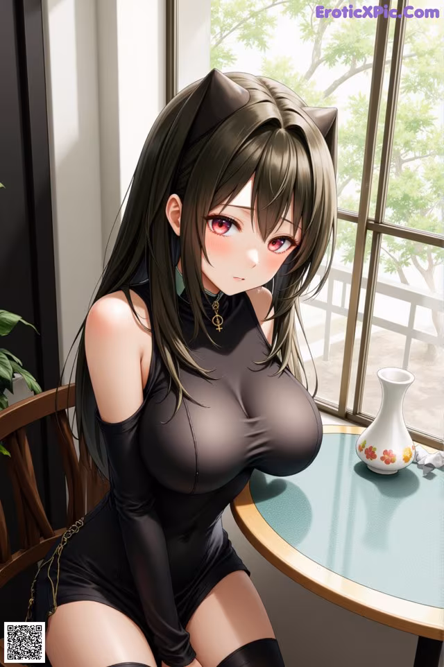 A woman in a black dress sitting at a table.