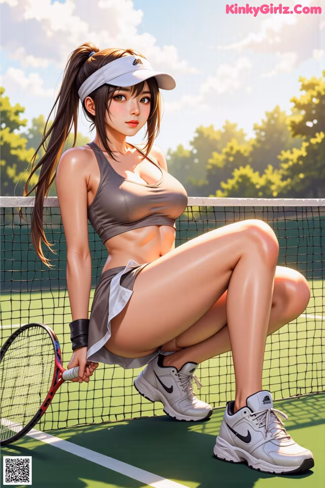 A woman sitting on a tennis court holding a racket.