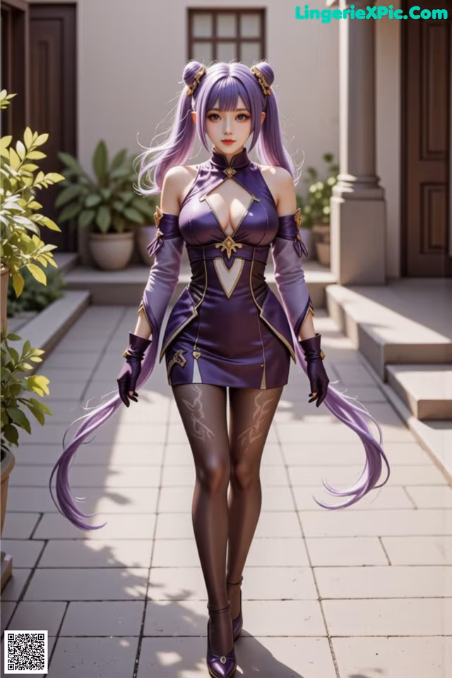 A woman in a purple dress is walking down a sidewalk.