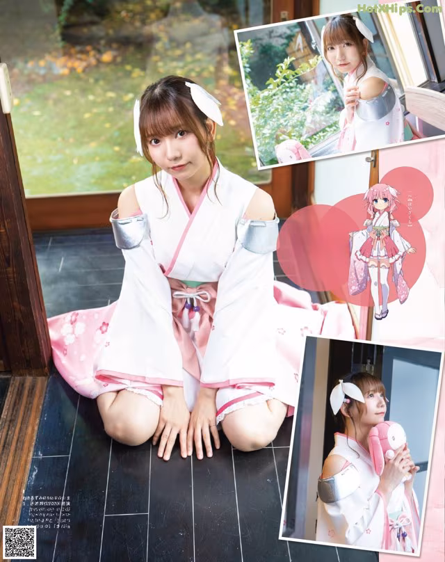 A woman in a pink kimono sitting on the floor.