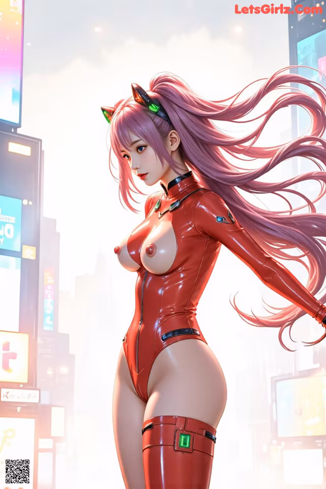 A woman in a red latex outfit standing in the middle of a city.
