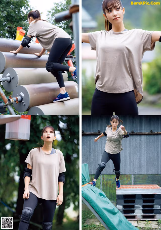 A woman in a beige shirt and black leggings doing a yoga pose.