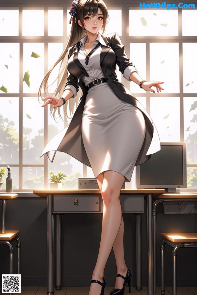 A woman in a white dress and black jacket standing in front of a window.